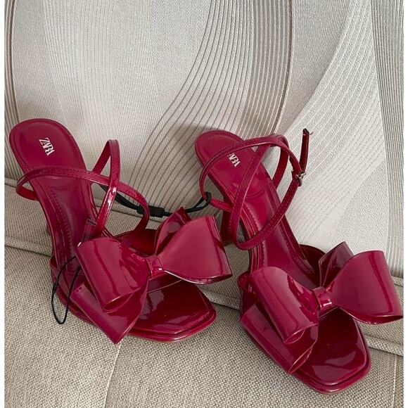 ZARA Red Embellished Heels NWT | Maxi Bow Strap Patent Finish - Picture 6 of 16